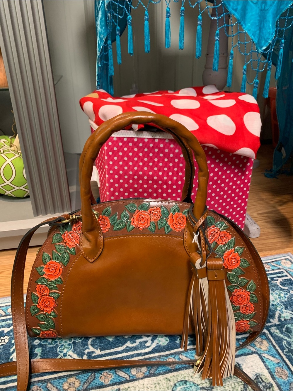 Patricia Nash angelini embossed bag leather new qvc crossbody roses brown